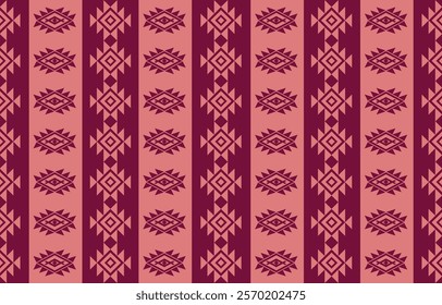 Vector illustration of a traditional tribal pattern. Pink and burgundy geometric shapes create a repetitive design. Perfect for ethnic, bohemian, textile, wallpaper, and graphic design projects.