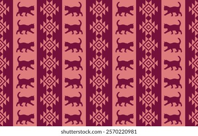 Vector illustration of a traditional tribal pattern with a modern twist. Silhouettes of cats are combined with geometric shapes,Perfect for textile, wallpaper, and graphic design projects.