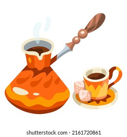 Vector illustration of traditional turkish coffee brewing process. Ceramic or copper jezve or cezve, metal, small cup, sugar. Orange, grey and brown colors. Hand drawn cartoon flat vector illustration