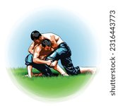 
The vector illustration of the traditional Turkish oil wrestling. Two wrestlers are wrestling on the grass.