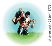 
The vector illustration of the traditional Turkish oil wrestling. Two wrestlers are wrestling on the grass.