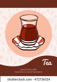 Vector illustration with traditional turkish tea in an authentic glass on a plate on beige background with ottoman tulips and place for text. Flyer, card, banner and advertising poster design.
