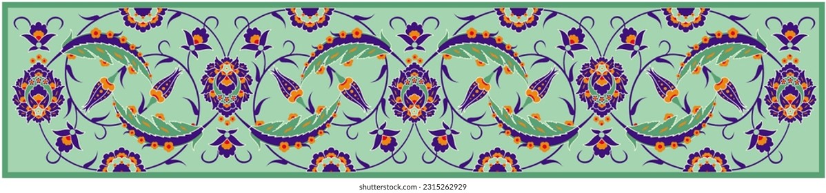 
Vector illustration of traditional turkish tezhip floral ornament with nice green dominant color, suitable for frame, calligraphy, invitation, islamic decoration