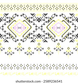 Vector illustration. Traditional Ukrainian cross-stitch pattern. Geometric graphic with floral motifs. Pixels. Light yellow, black and pink. Fabric print design. Use in printing industry, knitwear.