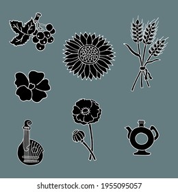 Ilustración vectorial con elementos ucranianos tradicionales en un fondo gris.