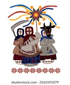 Vector illustration of traditional Ukrainian motanka dolls  with Christmas star and carol masks. Illustration for calendar or postcard.
