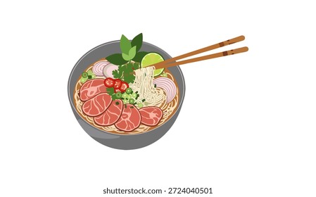 Ilustración vectorial de un tazón de sopa tradicional vietnamita de fideos Pho con rebanadas de carne, hierbas y palillos.