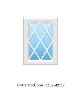 Vector illustration of traditional vinyl casement window. Flat icon of aluminum window with decorative diagonal muntins. Isolated object on white background. 