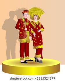 Vector illustration of traditional wedding couple traditional dress in red with pattern on a podium in gold pattern, wedding dress, wedding people