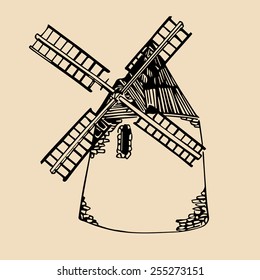 Vector illustration of traditional windmill in hand sketched style. Organic bio products poster. Eco food sign. 