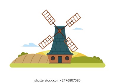 Vector illustration of a traditional windmill with picturesque agricultural fields in the background. Ideal for educational or agricultural themes. Flat style.