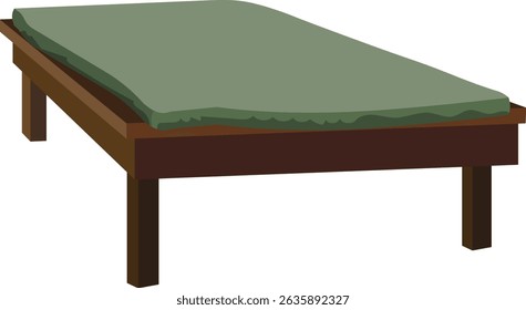 Vector Illustration of Traditional Wooden Bed with Green Mattress – Rustic Single Sleeping Furniture Isolated on White Background