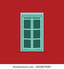 Vector Illustration of Traditional Wooden Double Window with Open Shutters on Red Background