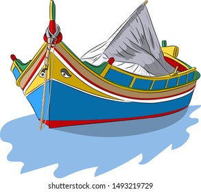 Vector illustration of a traditional wooden fishing boat. Luzzu in the bay of the village Marsaxlokk. Malta.