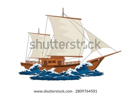 Vector illustration of a traditional wooden sailing ship navigating powerful ocean waves, ideal for maritime, nautical, and adventure-themed designs.