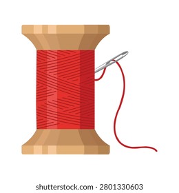 Vector illustration of a traditional wooden spool wound with bright red sewing thread and a silver metal needle isolated on a white background.