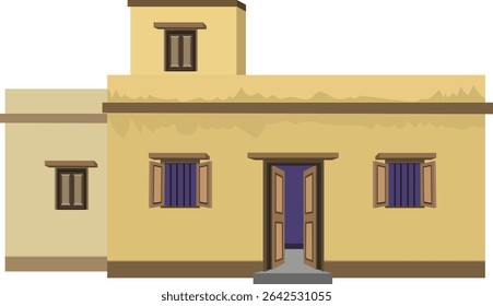Vector illustration of traditional yellow rural house with brown windows and open door – village home exterior front elevation for real estate, architecture, and housing design projects