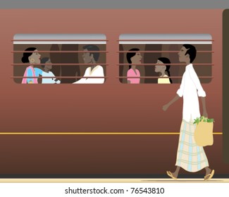 vector illustration of a traditionally dressed asian man walking alongside a train carriage full of passengers in eps 10 format
