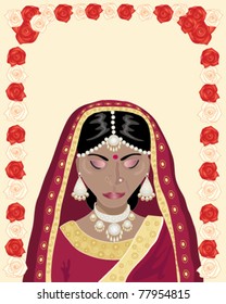 vector illustration of a traditionally dressed indian bride framed with roses in eps 10 format