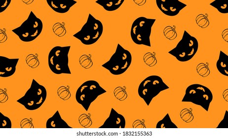 Vector illustration. Traditionally, Halloween characters are a black cat and a pumpkin. Seamless pattern. Flat cartoon graphics. Ideas for brochures, posters, flyers, banners.
