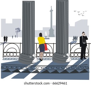 Vector illustration of Trafalgar Square, London from National Gallery.