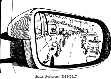 Vector illustration with traffic in car mirror. Hand drawn ink sketch. Black and white.