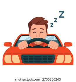 Vector illustration of traffic code sleeping behind wheel in flat cute childish style ideal for road safety, driving awareness, and educational designs