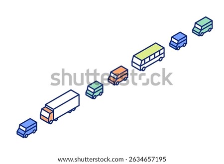 Vector illustration of traffic jam. Clipart of a traffic jam of cars, trucks and buses in a row.
