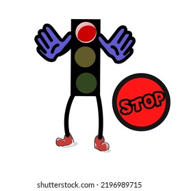 vector illustration of a traffic light with both palms facing forward with a red light on, perfect for illustration of children's books or others