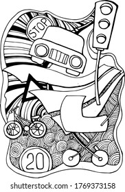 vector illustration traffic light day,road,car,crosswalk,stroller and bike,freehand drawing by liner,doodle