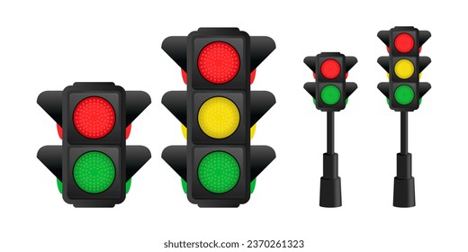 Vector illustration of traffic lights showing all three colors, Red, Yellow and Green, isolated on a white background. Go, Wait, Stop. Traffic light Mockup template for designs. Vector.