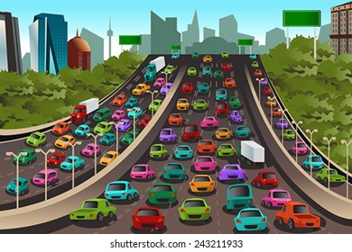 A vector illustration of Traffic on a highway