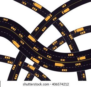 Eine Vektorgrafik von Verkehr auf einer Autobahn. Verkehrsstaus auf Straßen für moderne Stadtprobleme Konzept. Einzeln auf Weiß