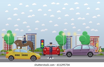 Vector illustration of traffic policeman regulating movement and mounted police officer patrolling street. Flat style design element.