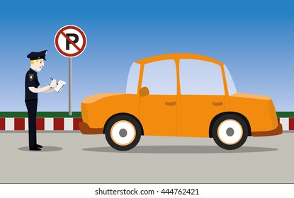 vector illustration of traffic policeman writing a parking ticket to a car in no parking area
