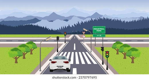 A vector illustration of an traffic road with crossroads, car, traffic lights, road sign and a scenic mountain. Modern city life illustration. Panoramic view. Flat style, vector illustration.