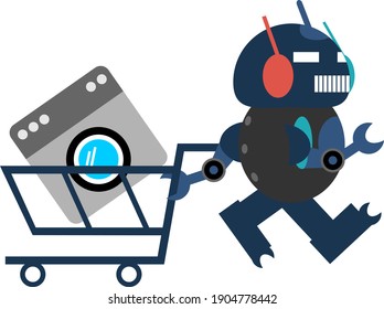 Vector illustration of a traffic robot mascot character pulling a washing machine on a trolley cart