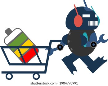 Ilustración vectorial del robot de tráfico personaje de mascota tirando de la batería en el carro del carro del carro
