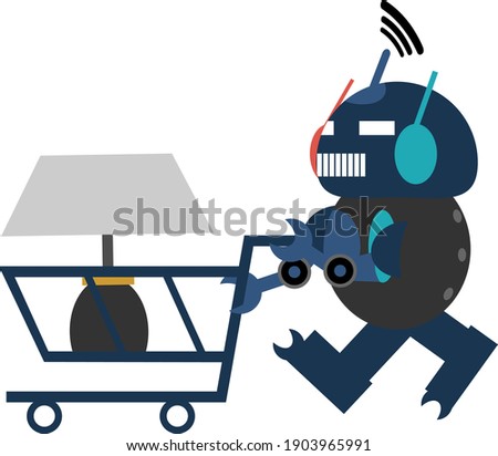 Vector illustration of a traffic robot mascot character holding an electronic appliance in a shopping cart trolley market