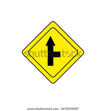 Vector illustration of a traffic sign indicating a side road entering ahead from the right. Typically used to warn drivers of upcoming intersections, requiring attention and speed adjustment
