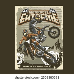 Vector Illustration of Trail Motocycle Rider with Racing Flags in Vintage Illustration Available for Poster