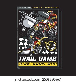 Ilustração Vetorial de Trilha Motociclista com Bandeiras de Corrida e Troféu em Ilustração Vintage Disponível para Cartaz
