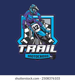 Vector Illustration of Trail Motorcycle Rider with Racing Flags in Vintage Illustration Available for Tshirt Design