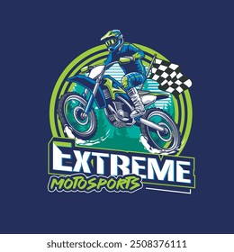 Vector Illustration of Trail Motorcycle Rider with Racing Flags in Vintage Illustration Available for Tshirt Design