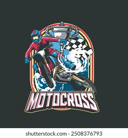 Vector Illustration of Trail Motorcycle Rider with Racing Flags and Trophy in Vintage Illustration Available for Tshirt Design