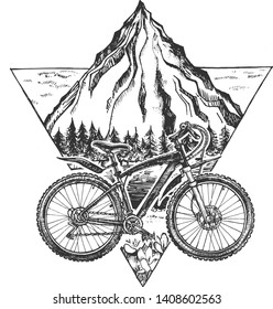 Vector illustration of trail ride tour set. Sport bicycle, bike or rover on the stylish modern mountains landscape background in triangle. Vintage hand drawn style.