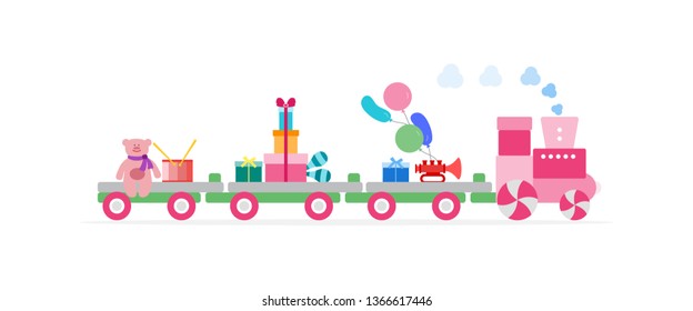 Vector illustration with train carries toys: bear, gifts, balloons, baby toy musical instruments: maracas, trumpet, drum. Happy New Year 2019, Christmas, Birthday. Shopping concept.