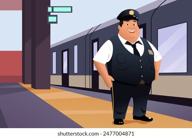 A vector illustration of Train Conductor In Front of the Train 