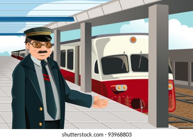 A vector illustration of a train conductor in the train station