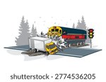 Vector illustration of a train crashing into a truck at a railroad crossing.